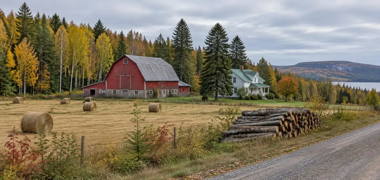 A red barn and white farmhouse beside a hay field and birch forest in autumn