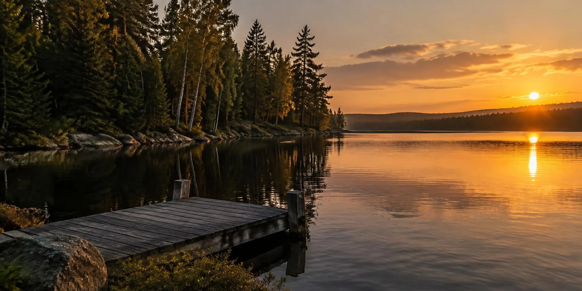 A northwoods lake at sunset with a wooden dock, spruce and birch along the shore